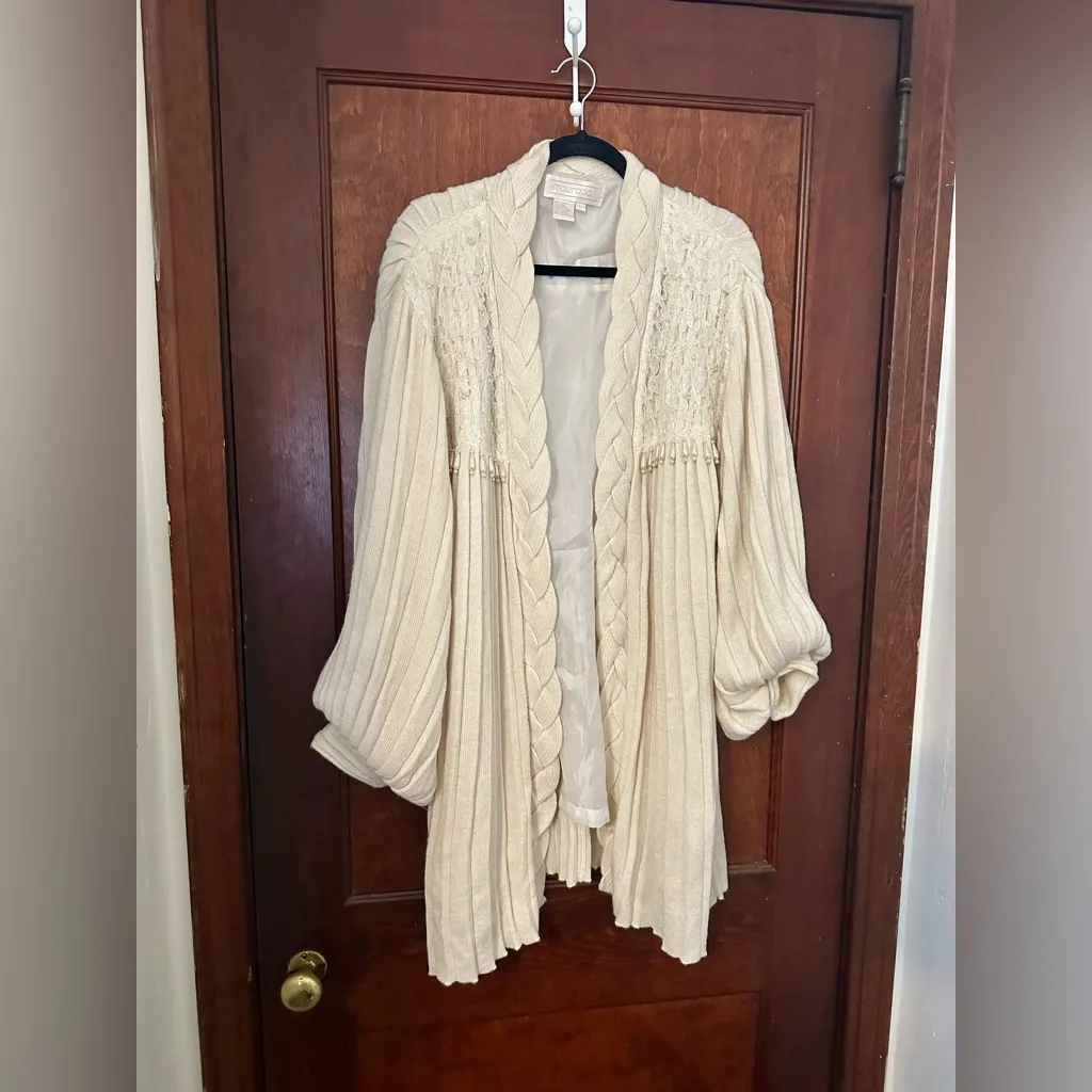 Maurada bishop sleeve pleated knit cardigan braided trim pearl lace Size L - Image 2