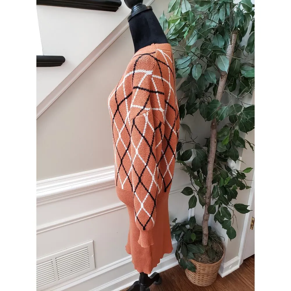 SHEIN Sweater Dress Women's Size 12 Orange Argyle Pattern Drop Shoulder Pullover - Image 9