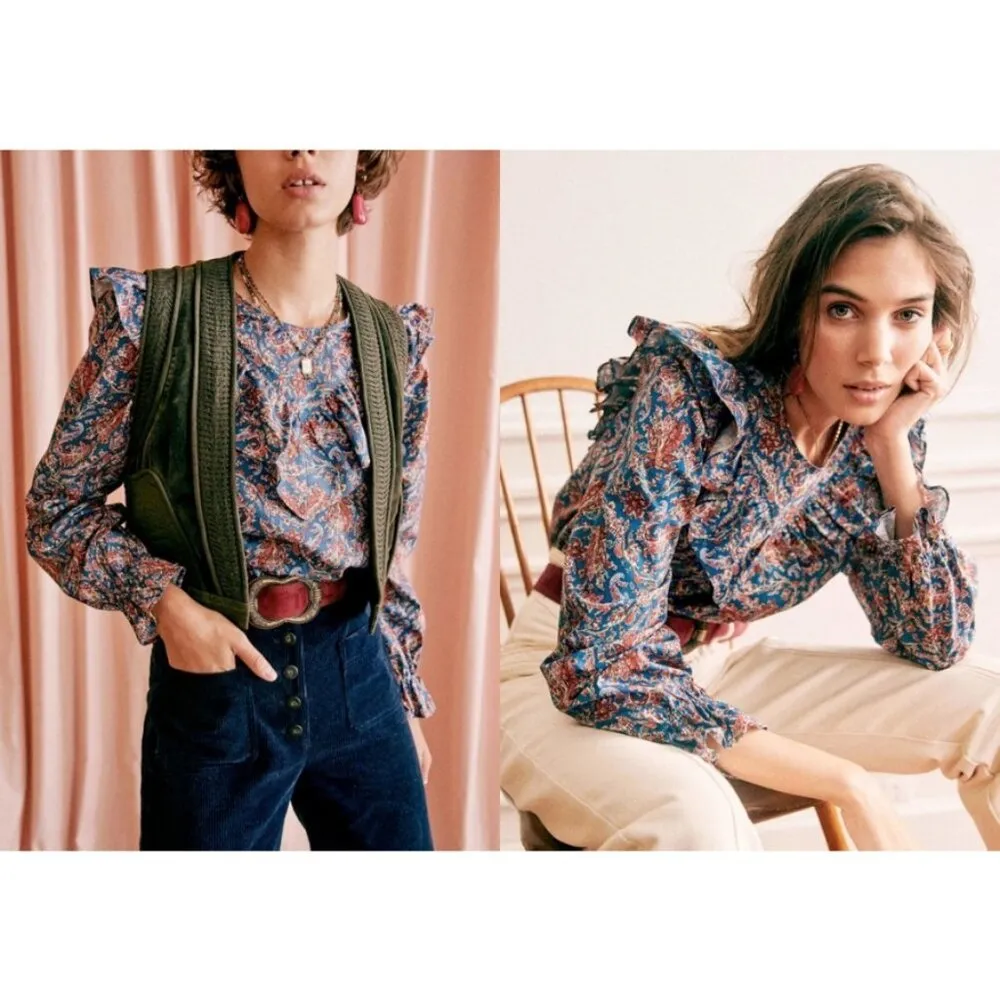💕SEZANE💕 West Shirt Ranch Marine Multi-Color Paisley Floral Print FR 38 = US 6 - Image 3