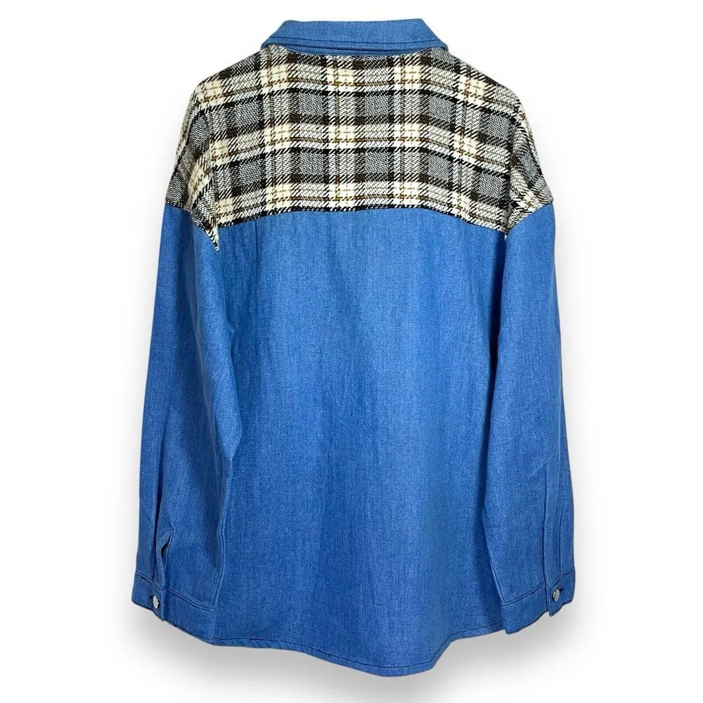 Chambray Denim & Plaid Flannel Shacket | Women's Plus Size 2X | Unbranded Jacket Blue - Image 4