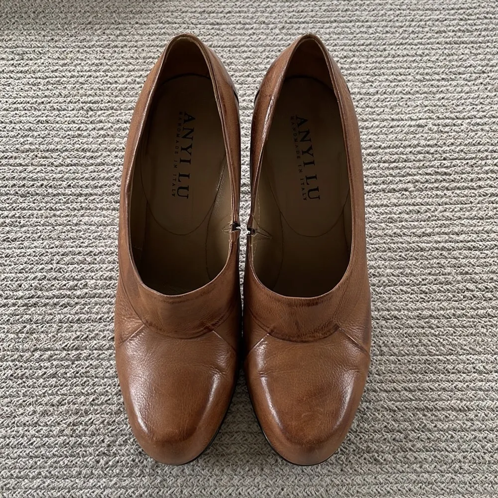 ANYI LU Cognac Brown Leather Heeled Pumps Size 37.5 Handmade in Italy - Image 3