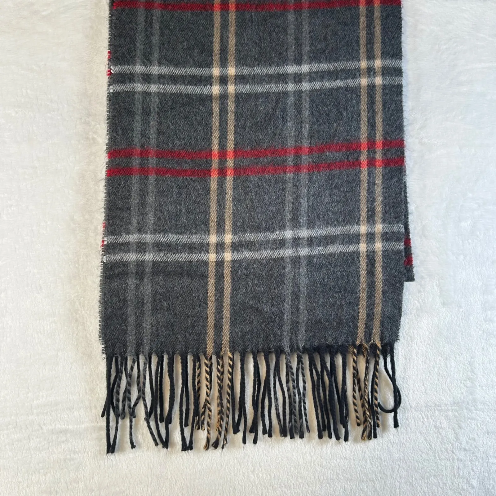Steve Madden Plaid Scarf Acrylic Wool Blend Fringe Made in Italy Gray Red Tan - Image 6