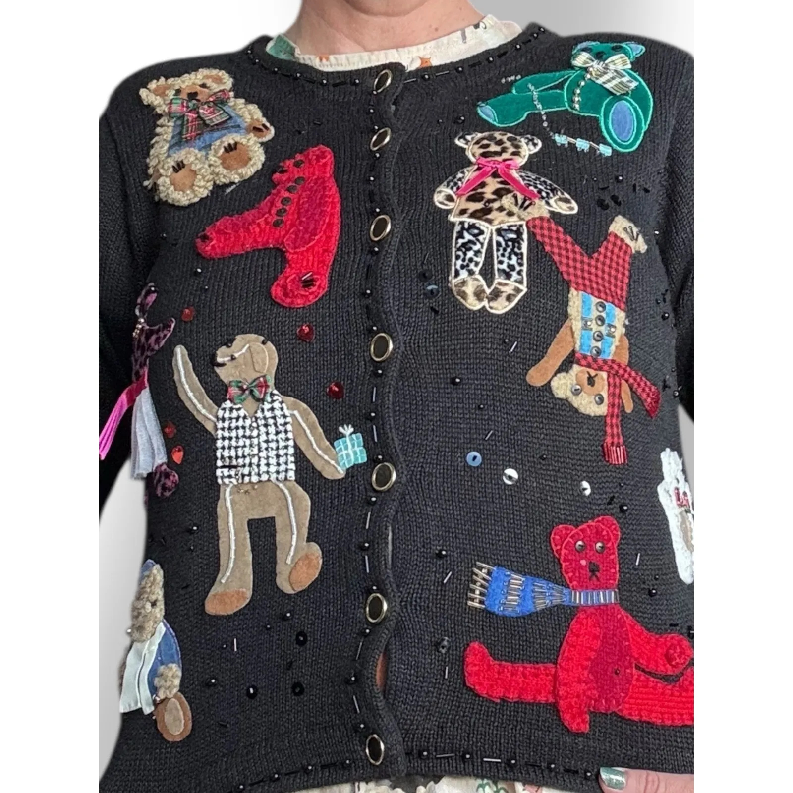 Vintage Susan Bristol Teddy Bear Applique Black Knit Cardigan Sweater Petite Size undefined - Image 5