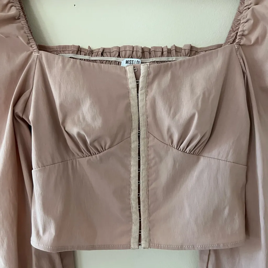Miss Lola Corset Crop Top balloon Puff‎ sleeve Large Dusty Rose Mauve Smocked - Image 2