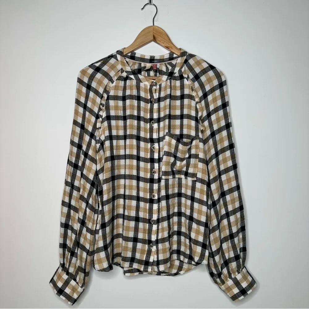 Pilcro Anthropologie Check Button Down Ruffle Shirt Size Large - Image 2