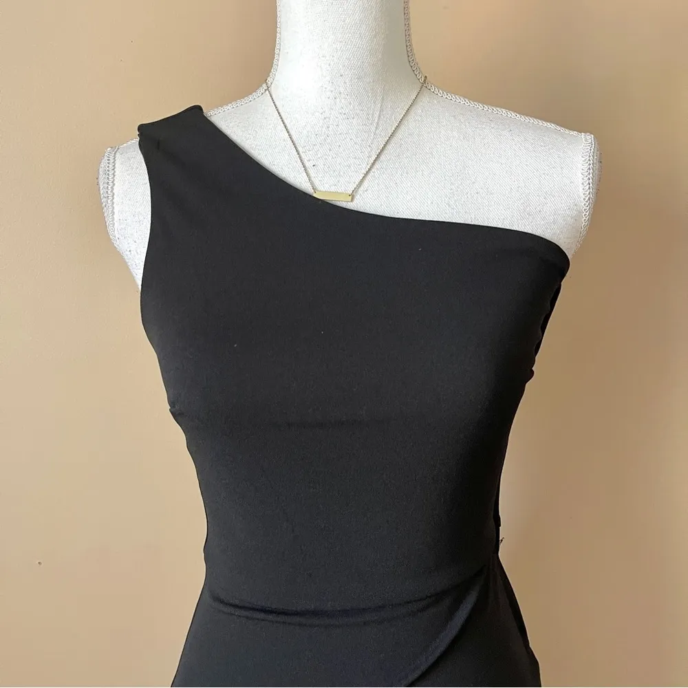CRYSTAL SKY | Black One Shoulder Asymmetric Hem Bodycon Midi Dress Sz XS - Image 2