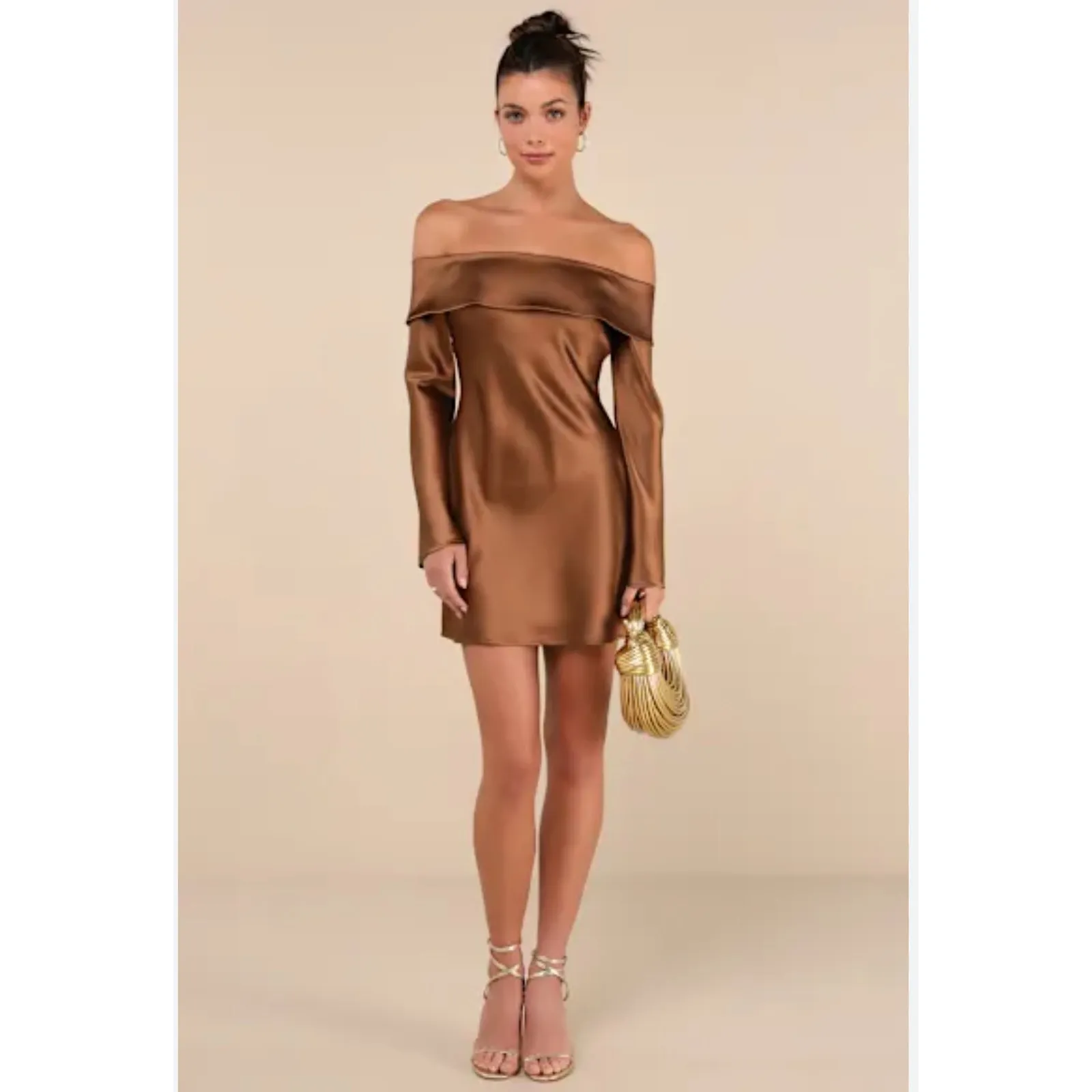 NWT Lulus Luxurious Vision Brown Satin Off-the-Shoulder Mini Dress Party Size L - Image 9