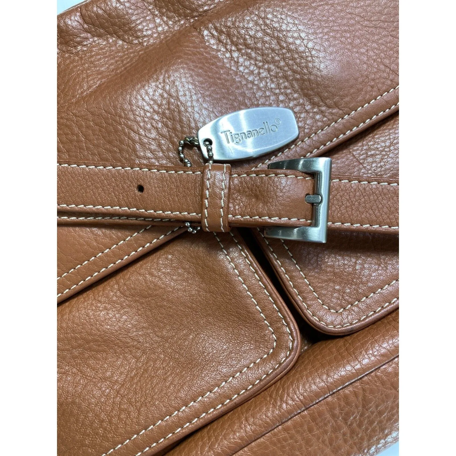 Tignanello Genuine Camel Soft Leather Handbag Crossbody Shoulder Pockets Purse Brown - Image 9