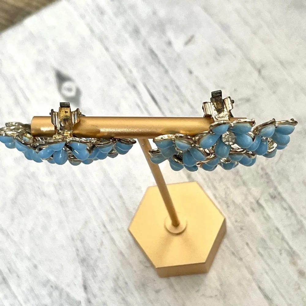 Vintage baby blue floral rhinestone clip on earrings - Image 5