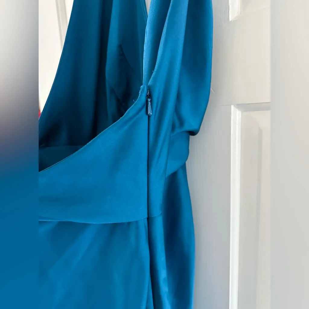 ASOS Design Blue Teal Satin Halter Neck Maxi Dress Gown Slit Ruching Size 4 - Image 8