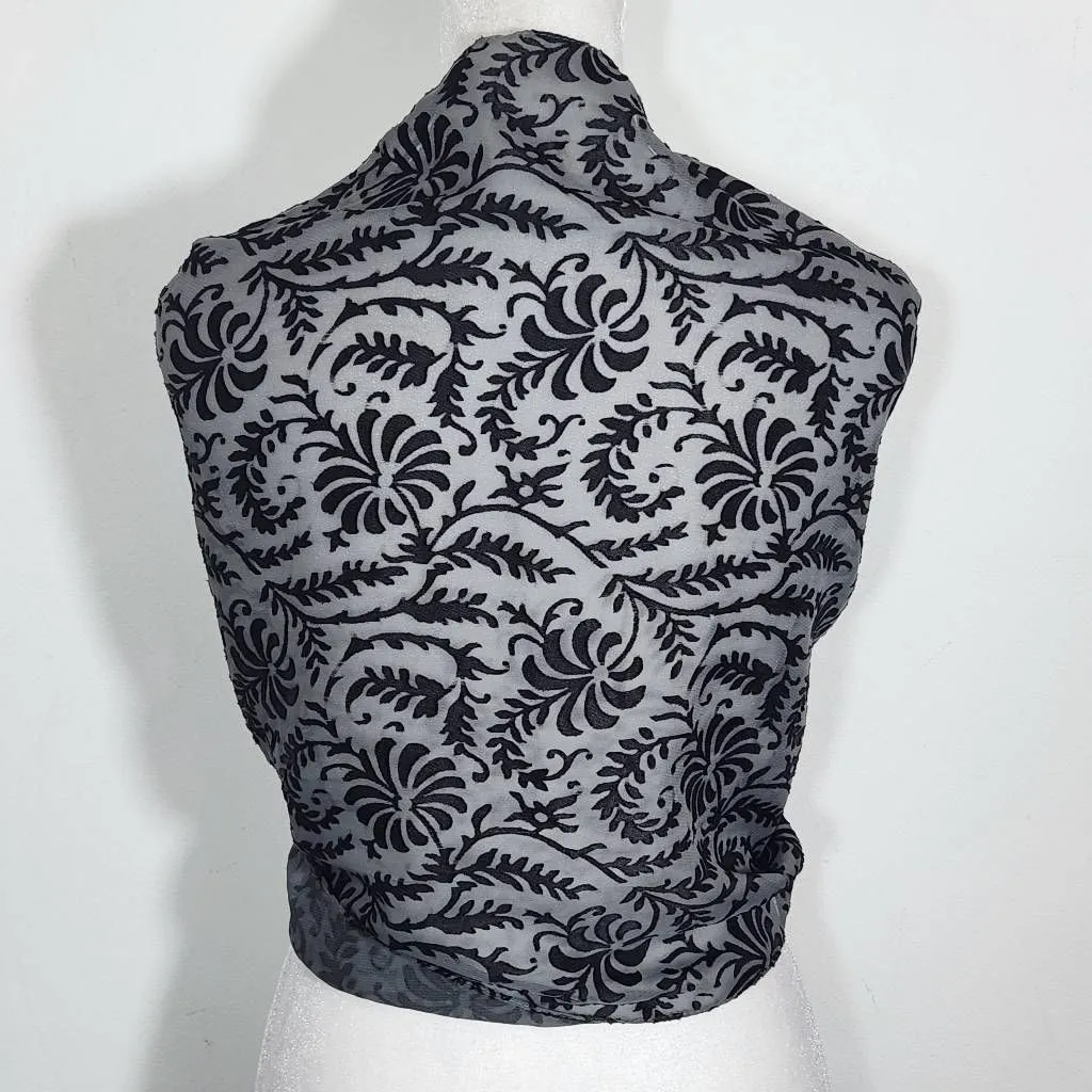 Cejon Black and Gray Textured Wrap One Size Sheer Scarf with Black Leaf Pattern - Image 5