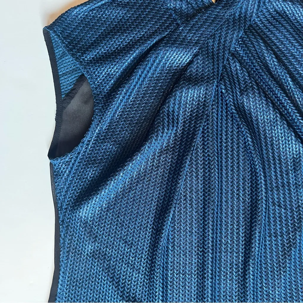 KAREN MILLEN Mock Neck Woven Sheer Back Sleeveless Top Blue & Black Size 4 - Image 2