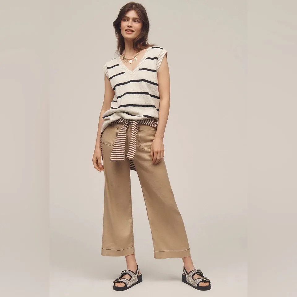 Anthropologie Maeve Colette Contrast-Stitch Linen Crop Wide-Leg Pants in Khaki - Image 3