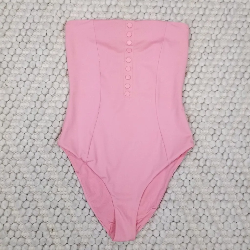 ONIA Adrienne Button-Embellished Bandeau Swimsuit Rosette Pink Sz Extra Small - Image 5