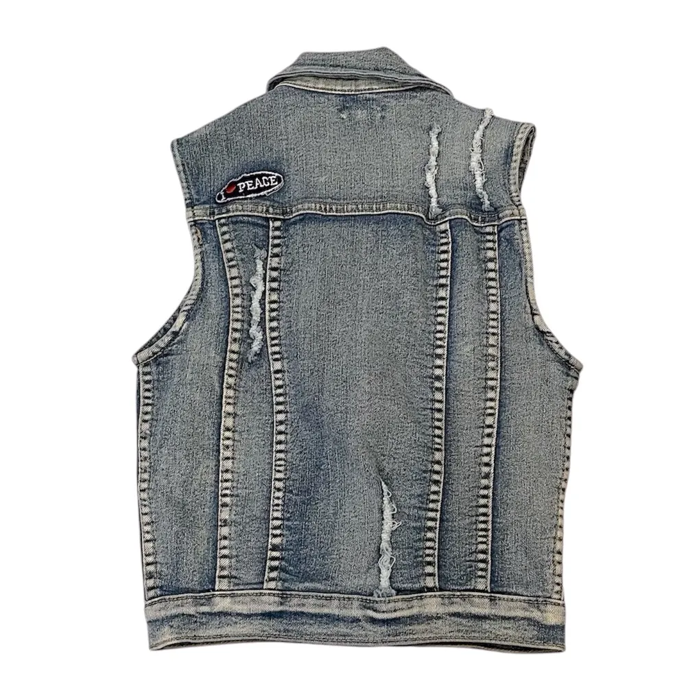 ChiOle Distressed Cropped Denim Vest S patches crop 90s rocker rock concert - Image 2