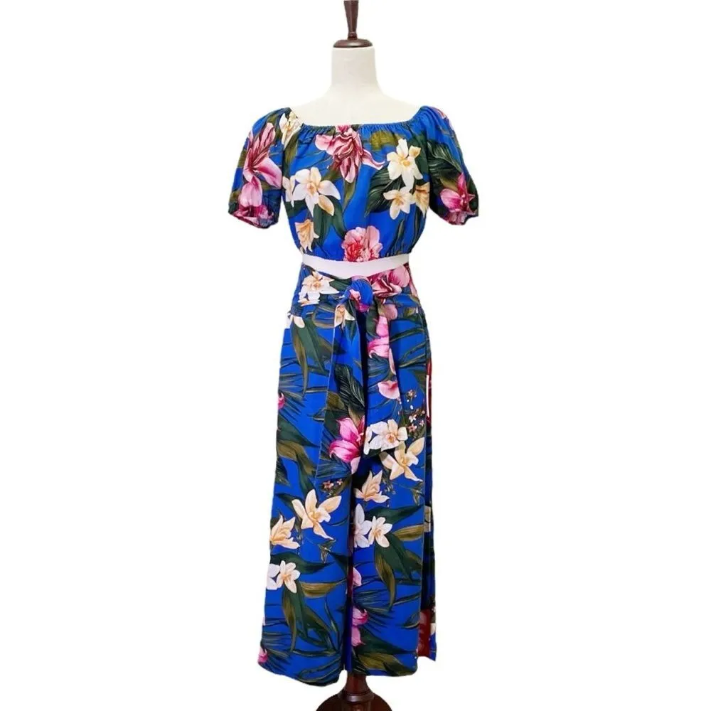 Cupcakes & Cashmere Tropical Blue Linen Crop Top Wide Leg Pant Set Size Small - Image 16