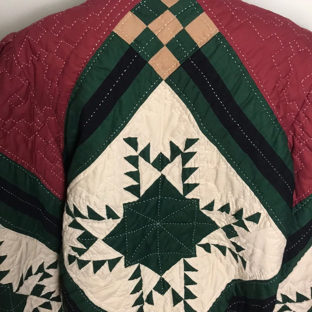 Quilted Jacket Coat Quilt Starburst Red Green Cream Cottage Size L - Image 6