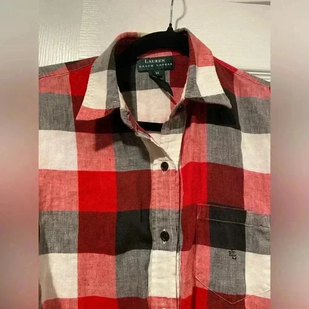 Lauren Ralph Lauren Black Red Plaid 100% Linen Button Down Long Sleeve Size M - Image 5
