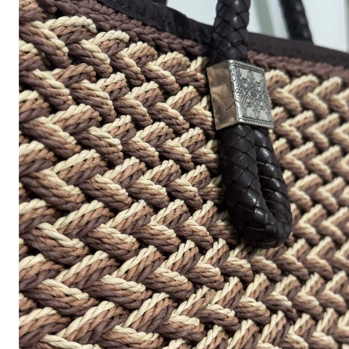 Brighton  Raffia Woven Brown Leather Top Handle Bag with Charms - Image 9