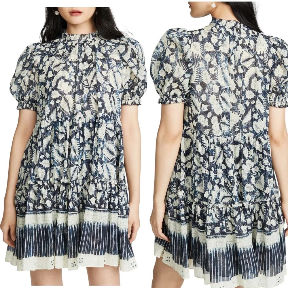 ULLA JOHNSON Dahlia Dress Blue Batik Short Puff Sleeves Crew Neck Silk Lurex 2 - Image 13