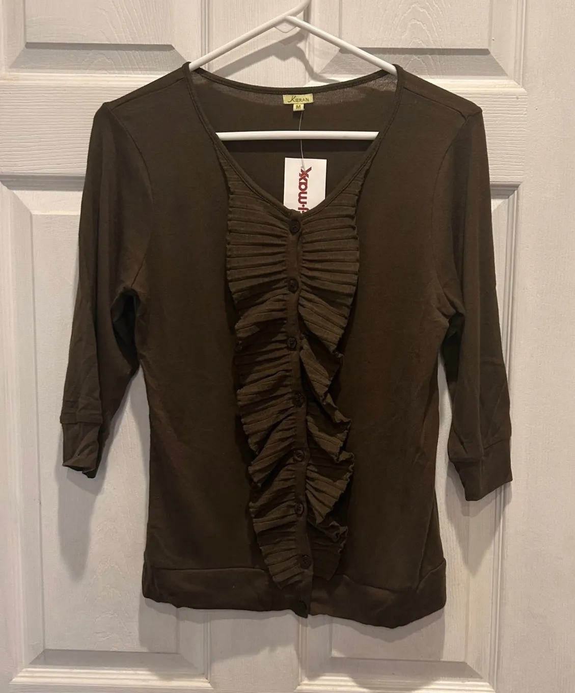 Kieran Olive Green Ruffle Front 3/4 Sleeve Button Up Cardigan Medium NWT - Image 1