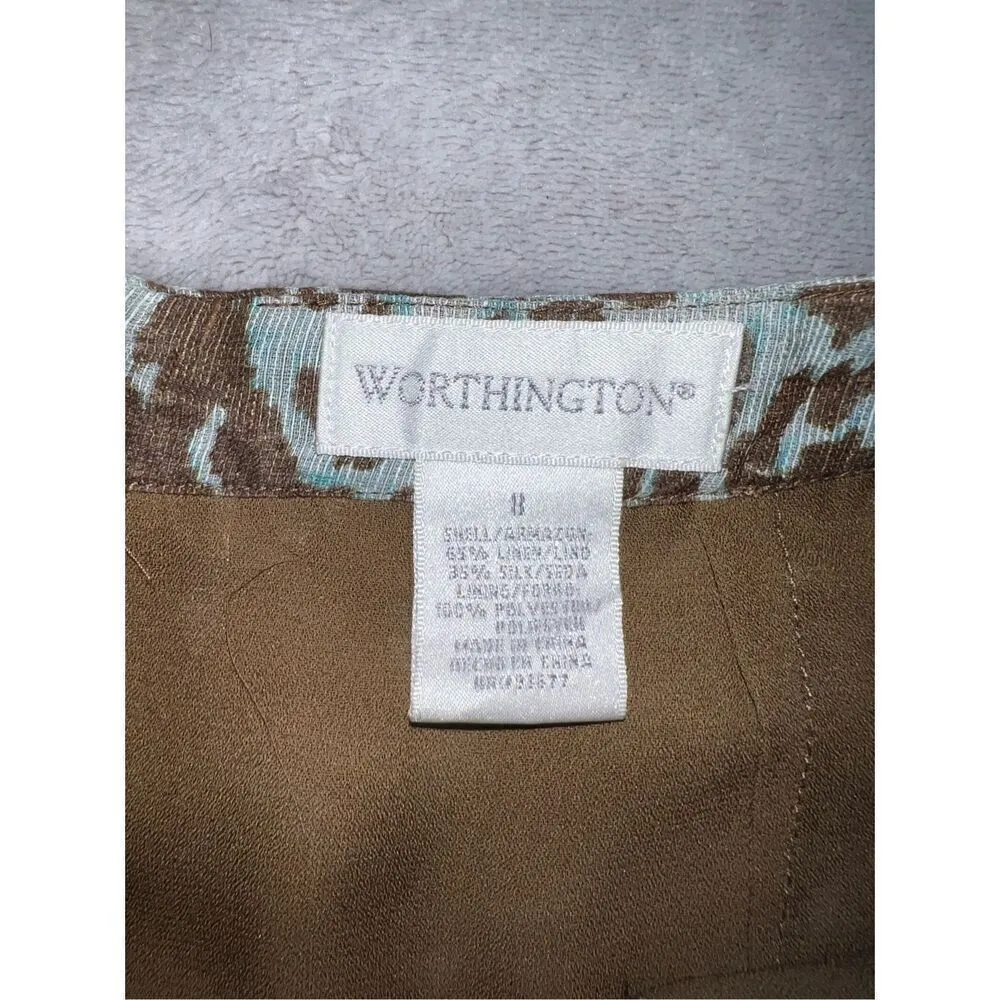 Women’s Vintage Linen/Silk Baby Blue-Brown Midi Skirt 8 Floral A-Line - Image 6