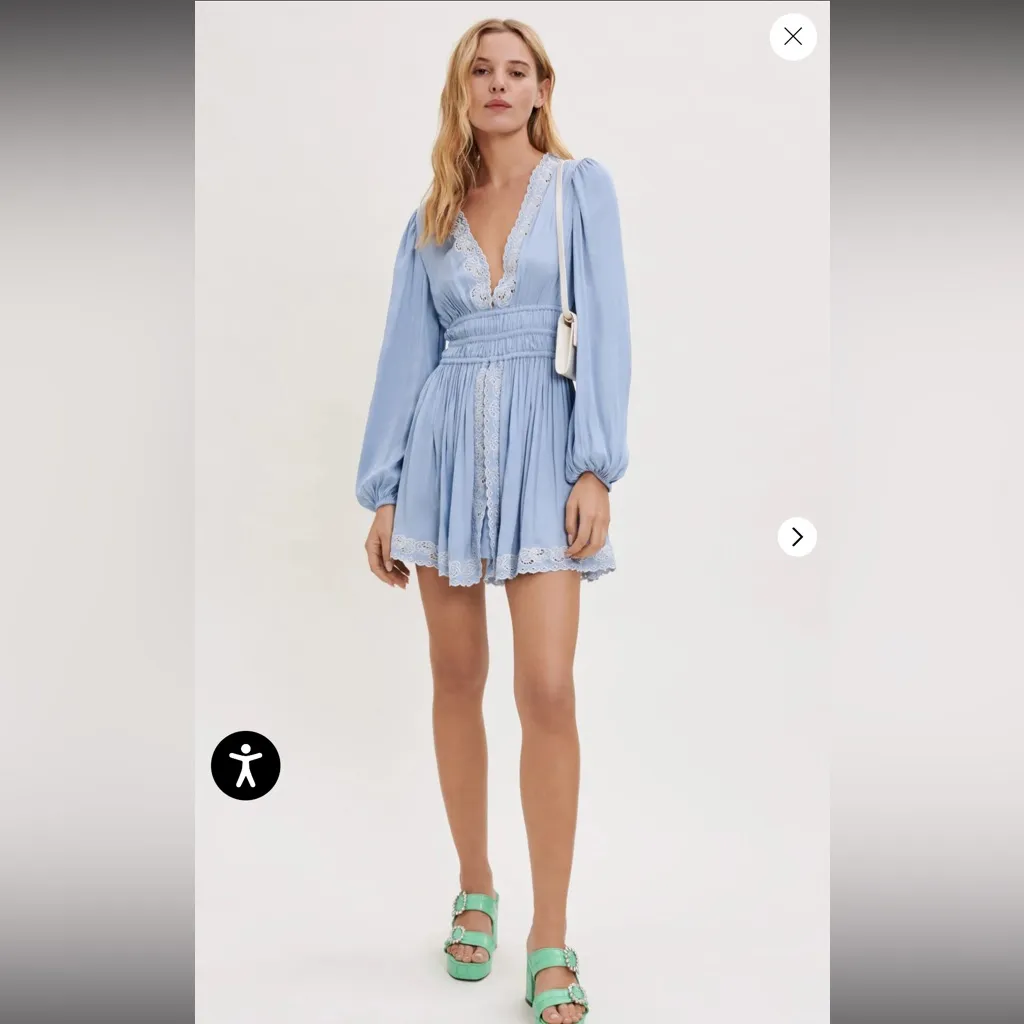 Maje Light Blue Dress with White Lace Detail Embroidered Satin - Image 2