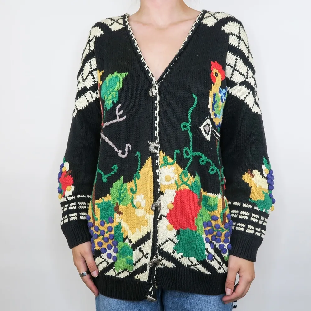 Vintage 90s Just Better Sweater designs by Lisa Coufal Rooster Cardigan Sweater Black Size XL - Image 4