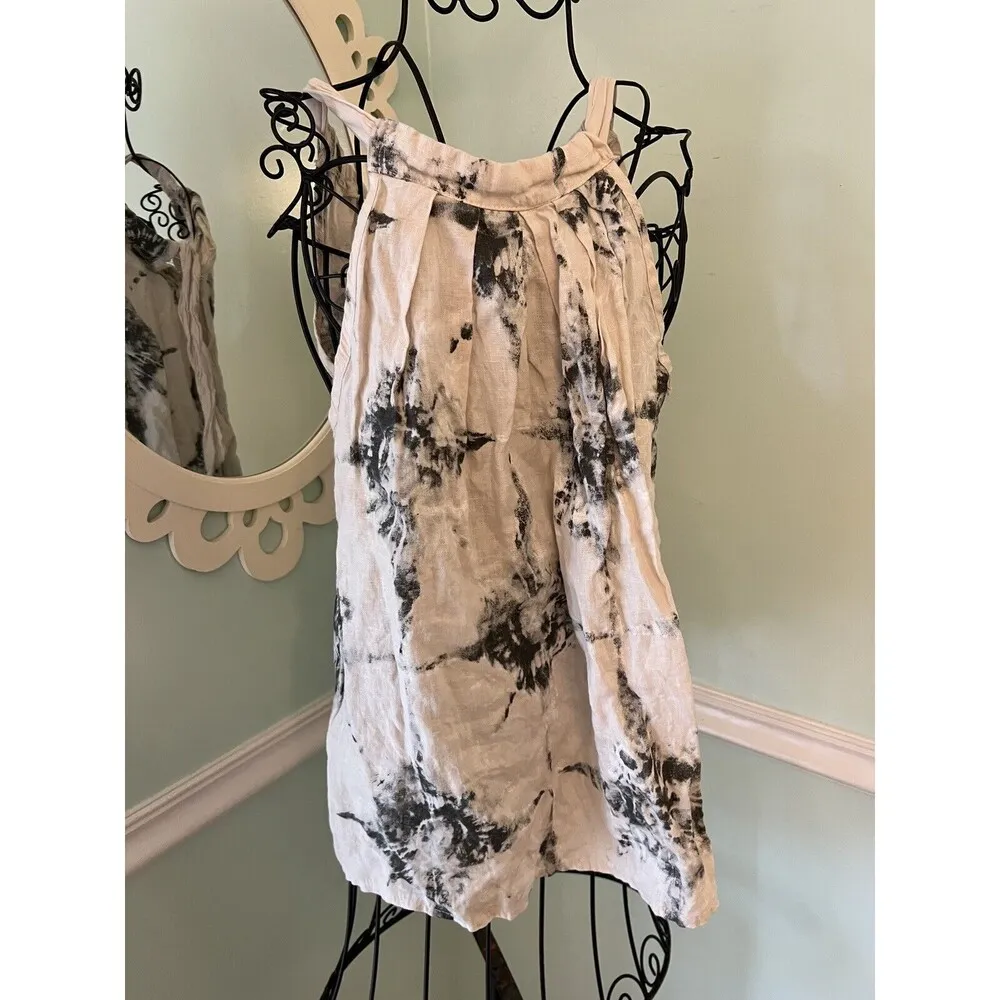 Bellambia Linen Flax Top Small Black Ink Blot Tie Dye Bow Neck Sleeveless ITALY - Image 2