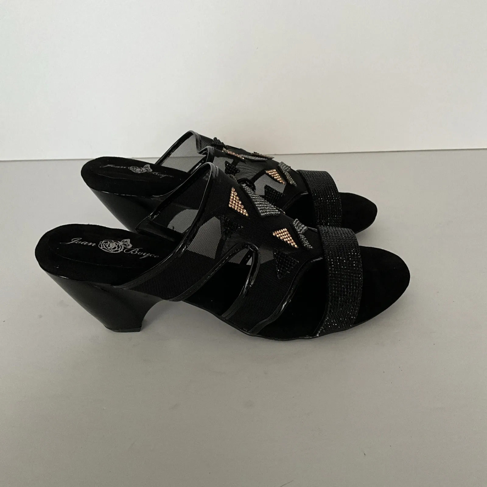 Joan Boyce‎ Sandals Rhinestone Studded Mesh Heels Slide Party Casual Size 8 Wide Black - Image 2