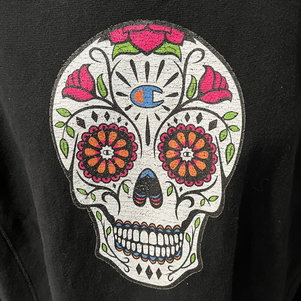 Champion Black Skull Graphic Sweatshirt Día de Los Muertos Size Medium - Image 2