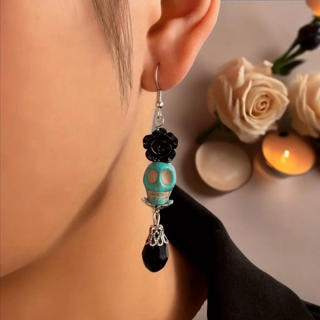 Exquisite Black Flower & Teal‎ Blue Skull Design Dangle Earrings Alloy Jewelry - Image 9