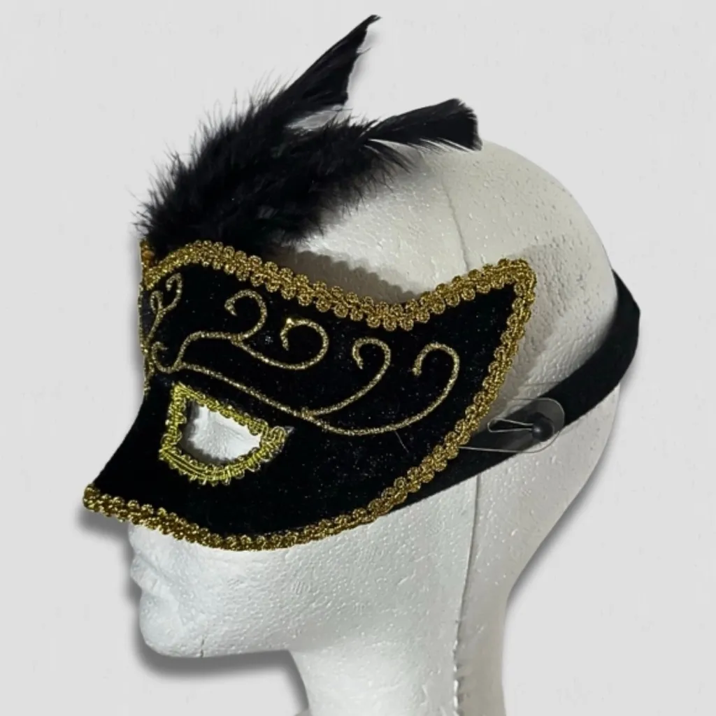 NWOT Masquerade Mask Swirling Embroidery Feathers Elastic Strap Black/Gold OS Black - Image 4