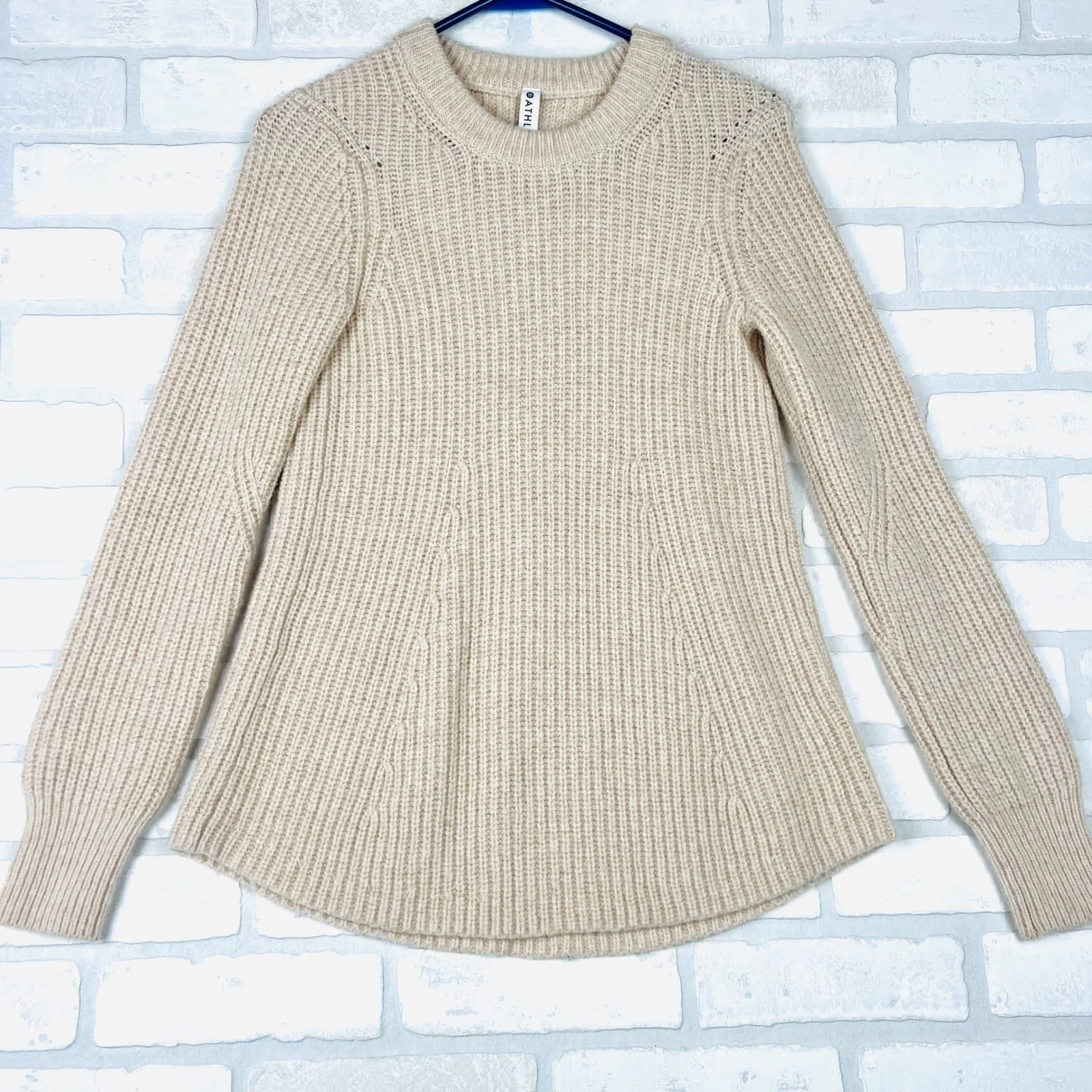 Athleta‎ XS Sweater Wool Blend Ribbed Knit Crew Neck Tunic Top Oatmeal - Image 16