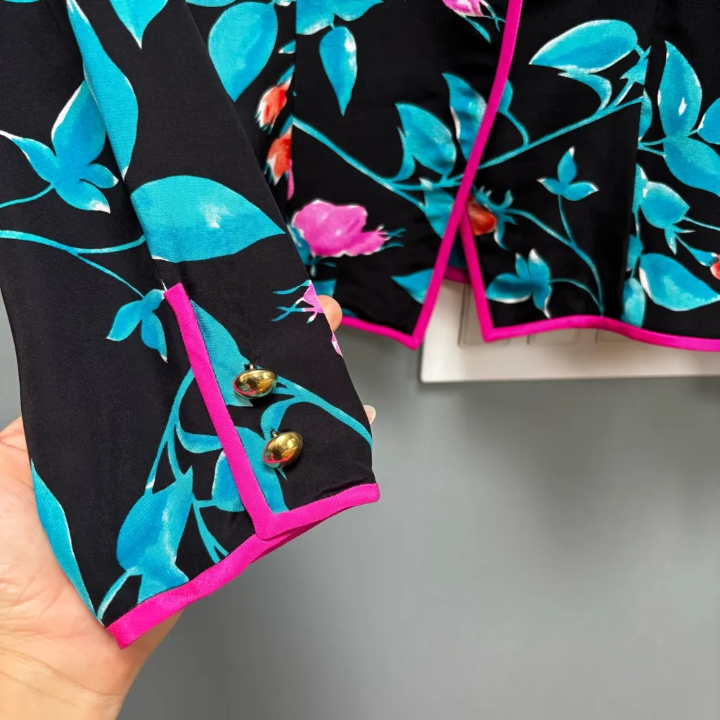 Vintage Midi Skirt and Blazer Set In Floral Print Silk Size M - Image 4