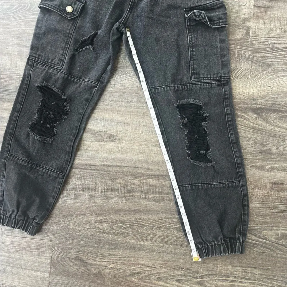 Shein High Rise Distressed Black Cargo Jeans - Size S - Image 10