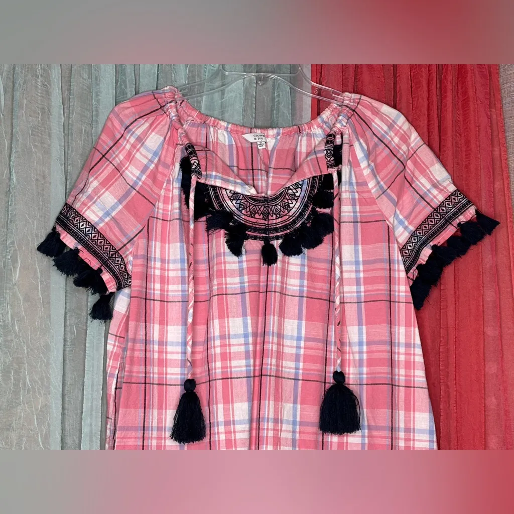 Crown & Ivy Plaid Pink dress with Tassel Details - Image 2