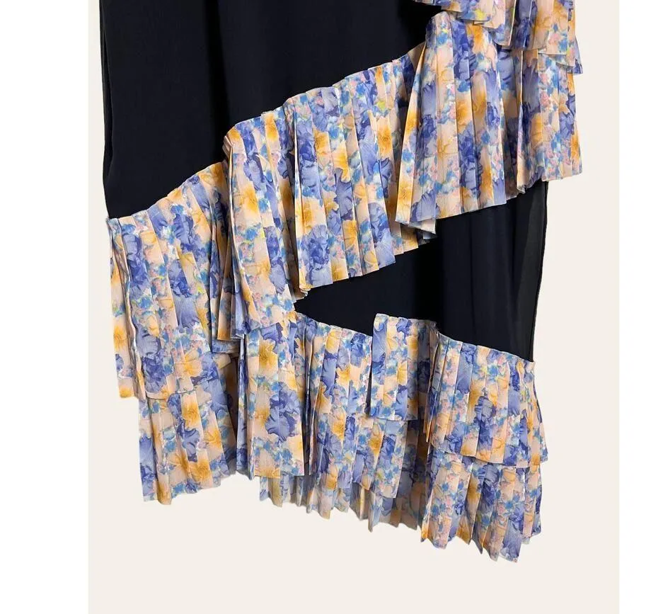 HAGAHI Navy Blue Pleated Floral Print Short Sleeve Asymmetrical Dress Size 6 - Image 6