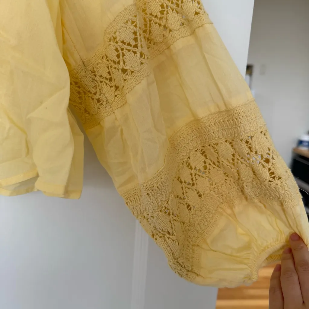 Aerie Long Sleeve Crochet Button Down Shirt in Butter Yellow 100% Cotton Small - Image 7