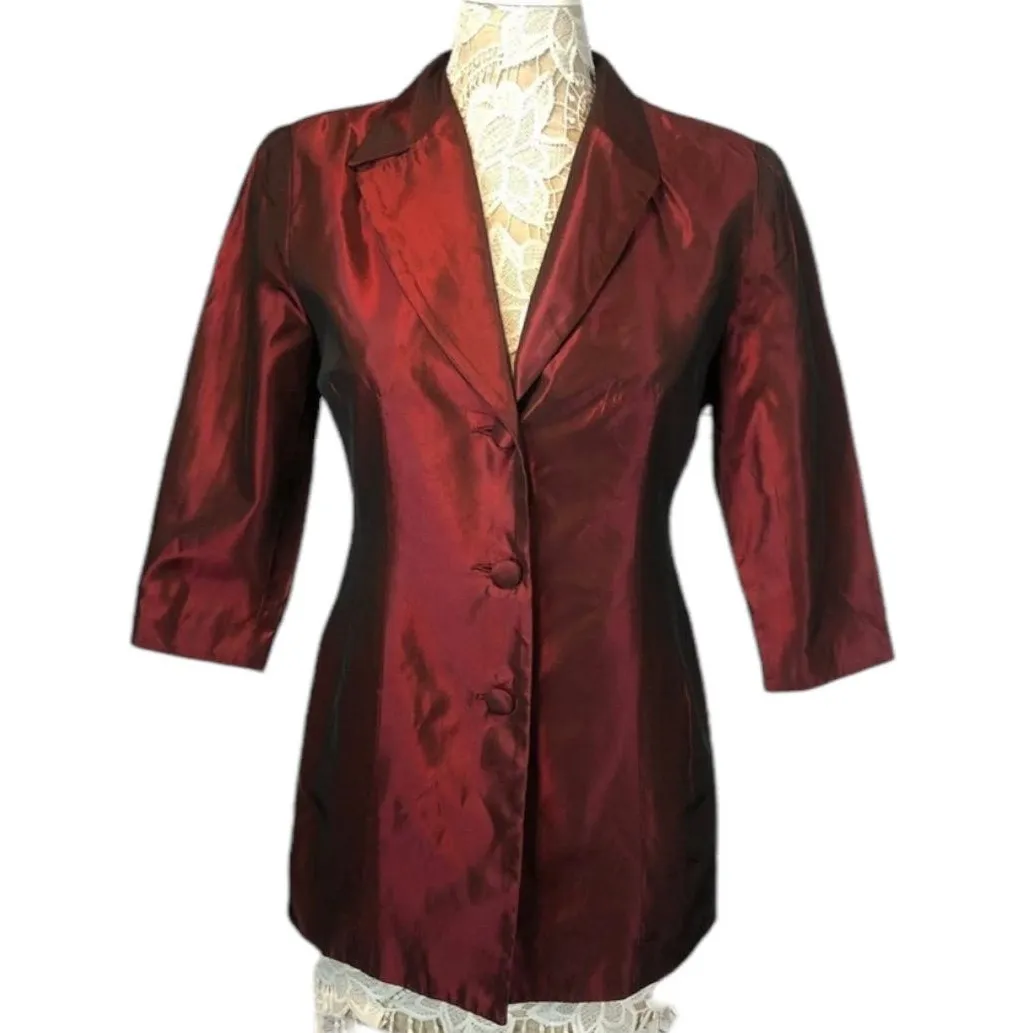 1990s Trio New York Burgundy Satin Blazer & Pant Set hoilday formal small Red - Image 3