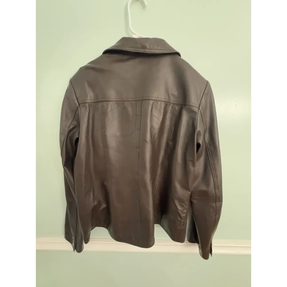 Style & Co. Womens Genuine Leather Jacket M Brown Snap Front Short - Image 4