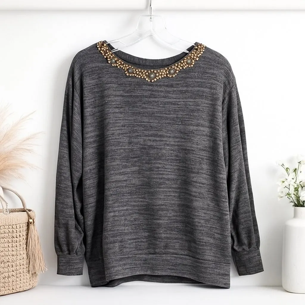 Ruby Rd Gray Metallic Knit Top Bronze Sequin Embellished Retro Vintage Blouse S - Image 2