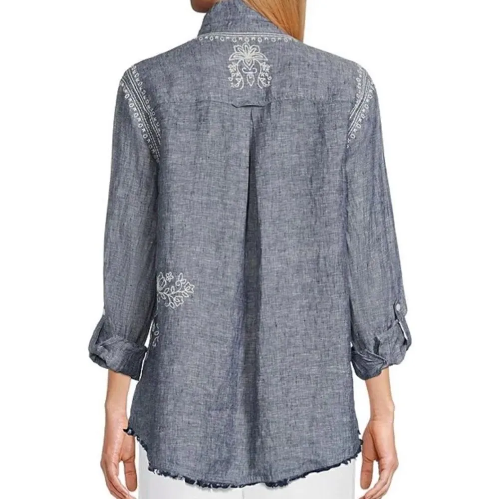 John Mark Chambray Blue 100% Linen Embroidered Chambray Tunic Button Shirt 0X - Image 3