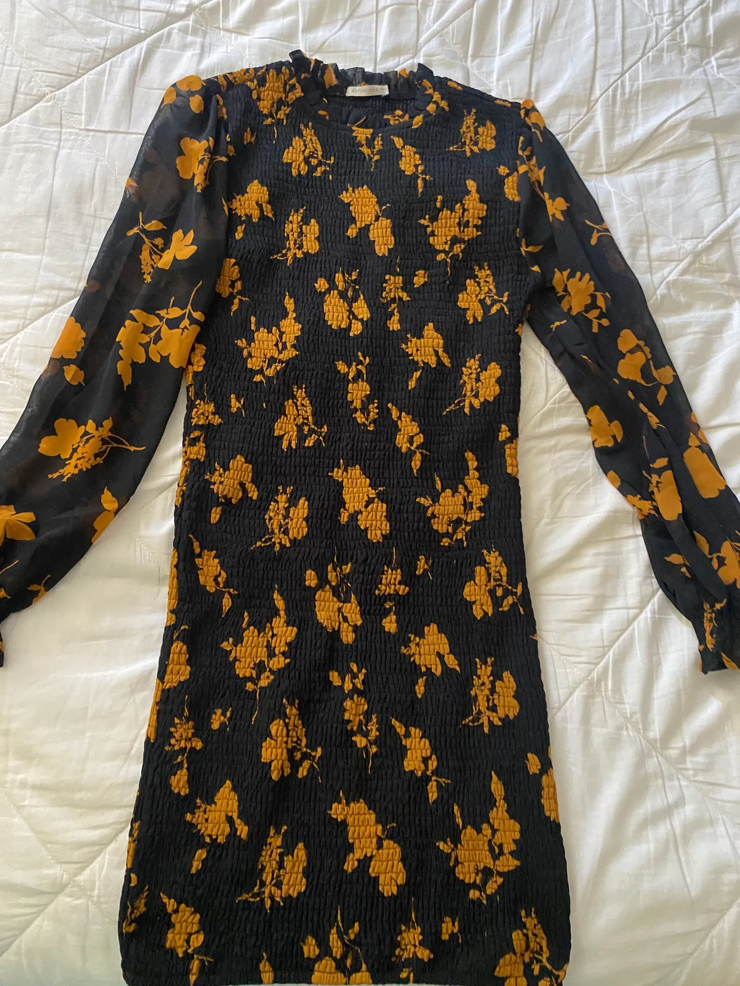 Autumn Black Mini Bodycon Dress With Orange Florals And Puff Sleeves - Image 2