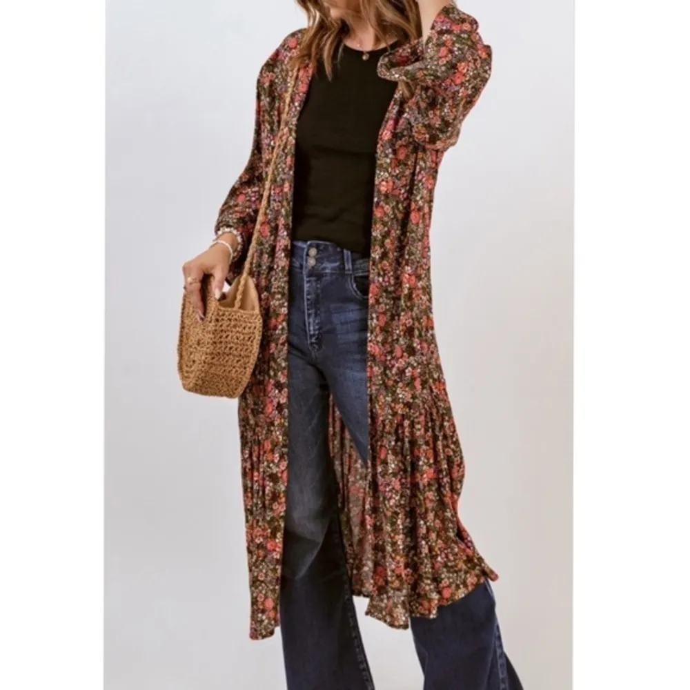 Floral Open Front Kimono NWT Boho Long Duster Cardigan Swimsuit Cover Up Red Size M - Image 2