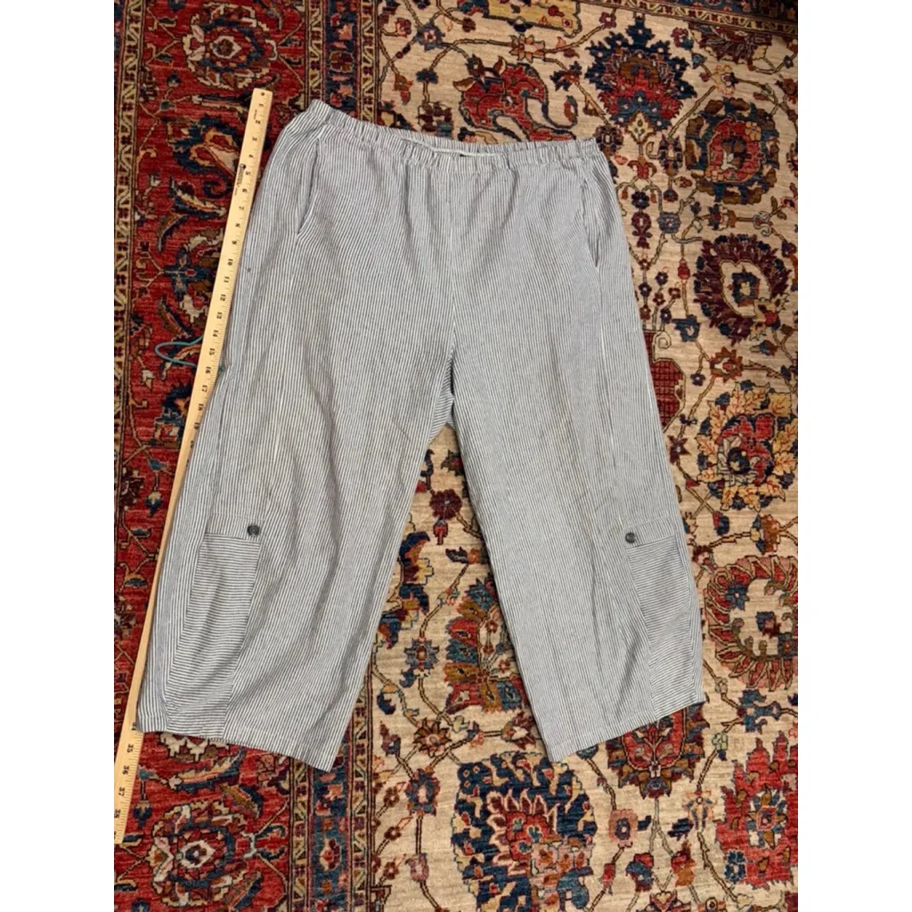 Lisa Bayne Linen Cotton Striped Crop Pants Coastal Grandma Made in USA L White Size L - Image 2