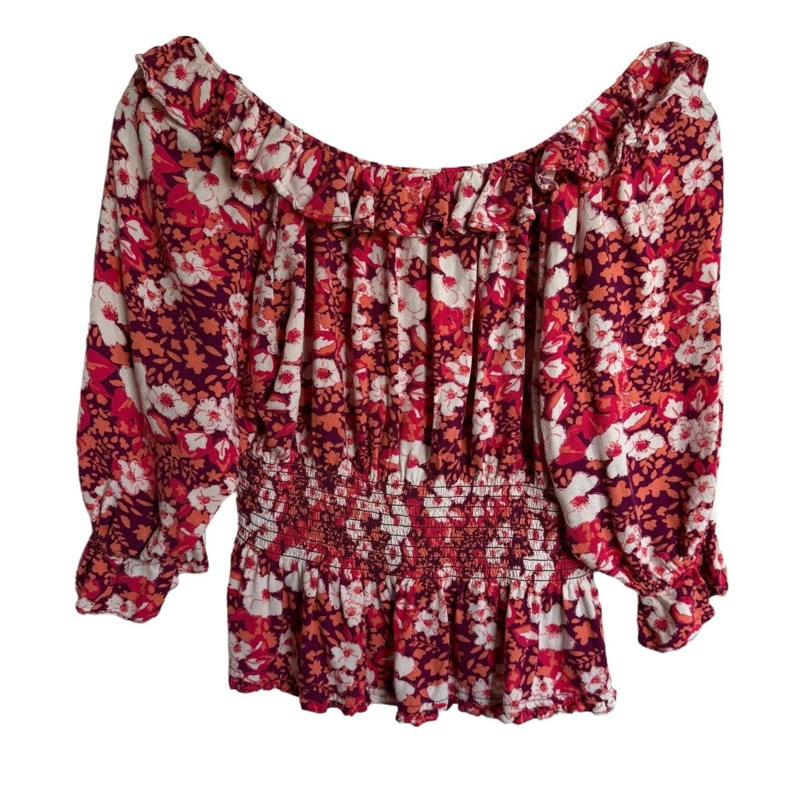 Free People‎ Womens Blouse Size S Sweet Memories 3/4 Sleeve Orange & Pink Floral - Image 6