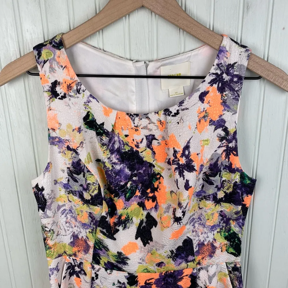 Maeve Anthropologie Neon Floral Printed Fit and Flare Dress Pebble Texture 4P - Image 5
