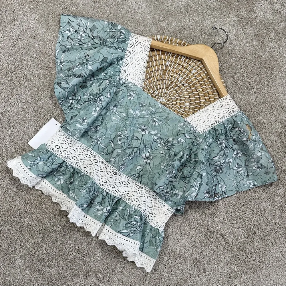 NWT En Saison Women’s Caudry Lace Top Blouse Shortsleeve Cottagecore in Teal S Green - Image 6