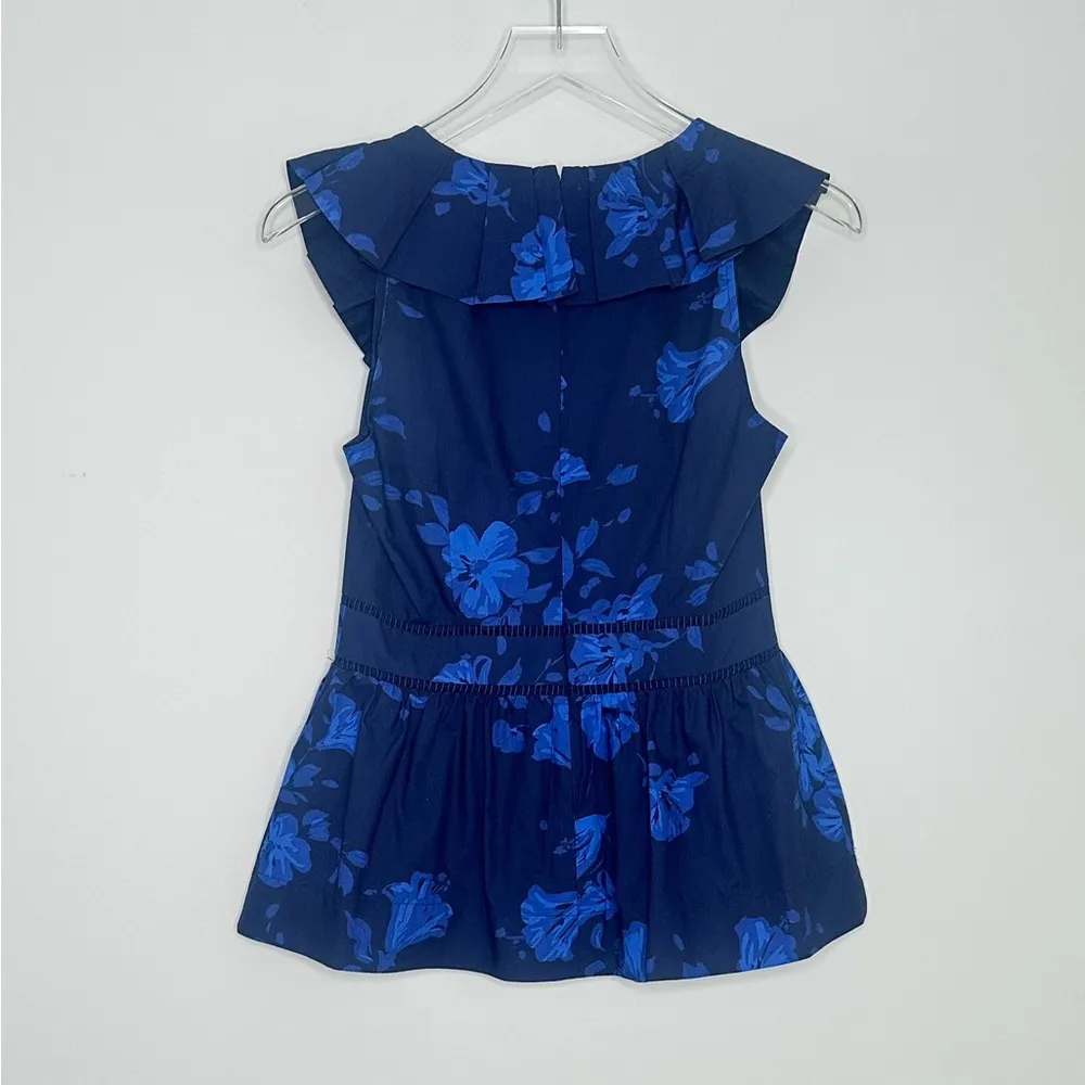 Kate Spade New York Blue Hibiscus Ruffle Neck Sleeveless Cotton Blouse Size 2 - Image 4